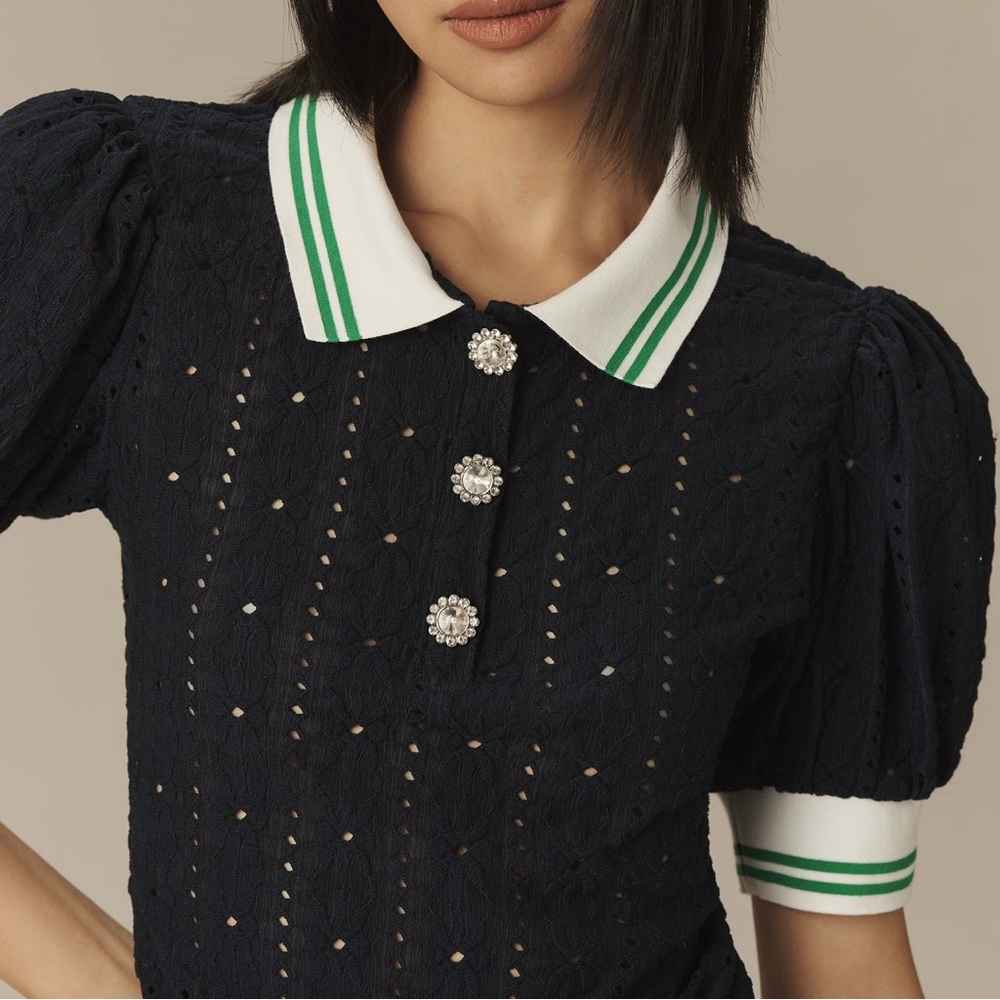 Maeve Navy Top with Green and White Collar